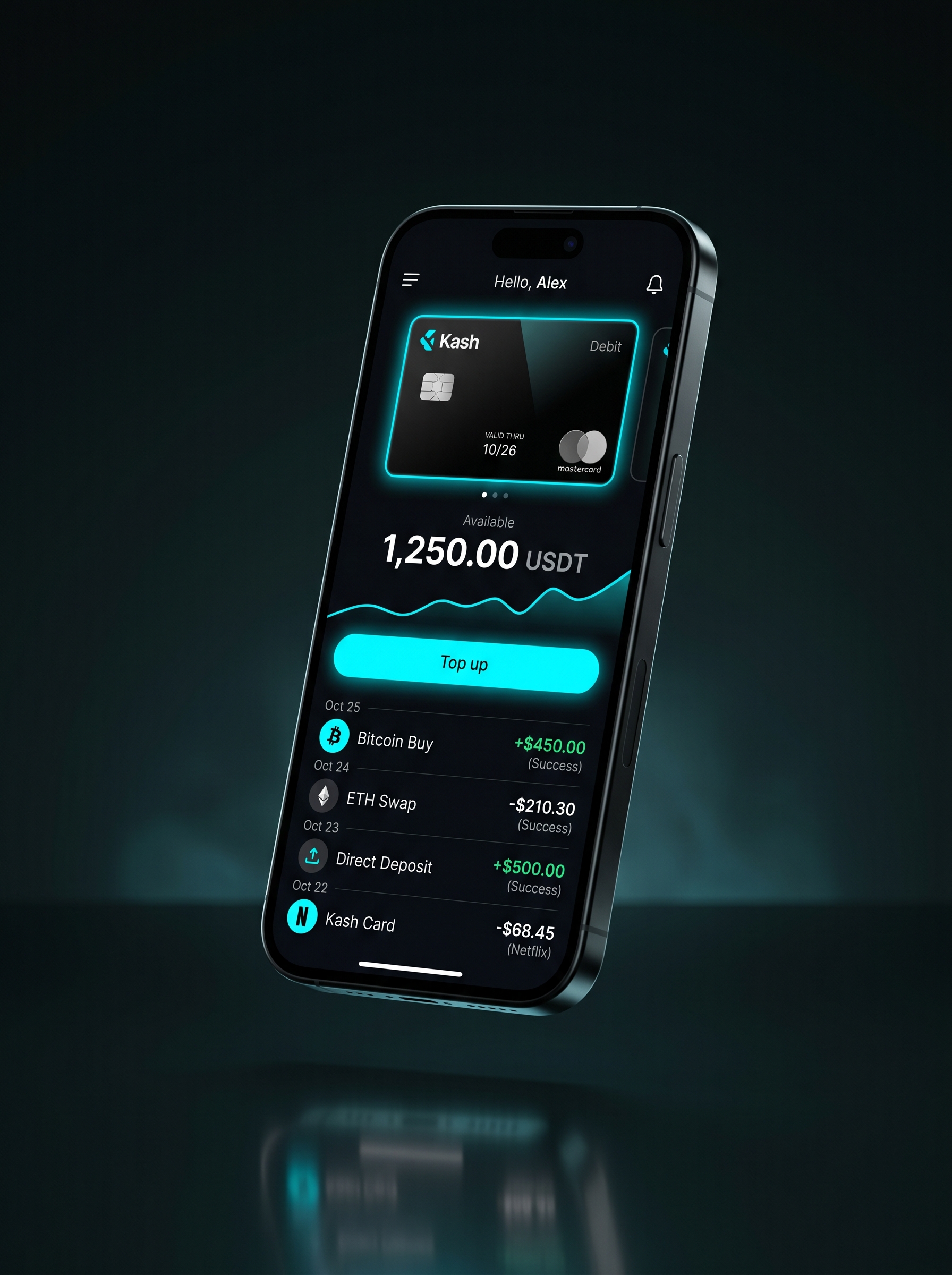 The Kash app showing a USDT balance and Top Up button