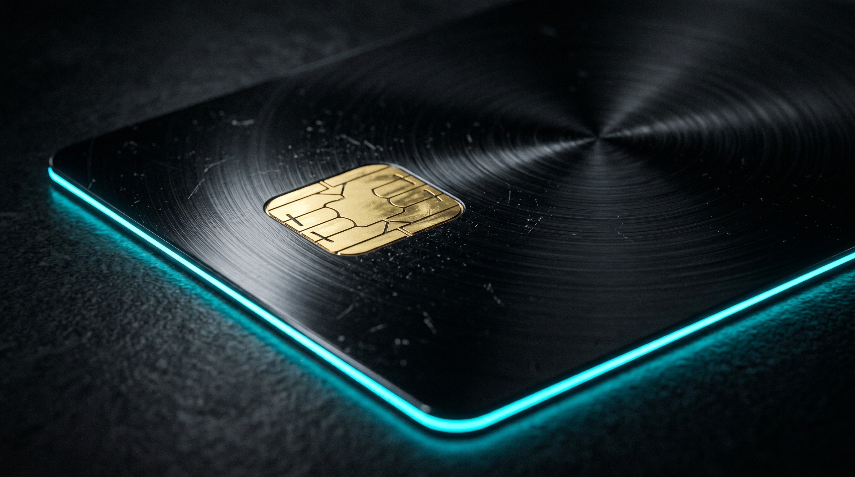 Macro close-up of the Kash card surface, gold chip and cyan edge light