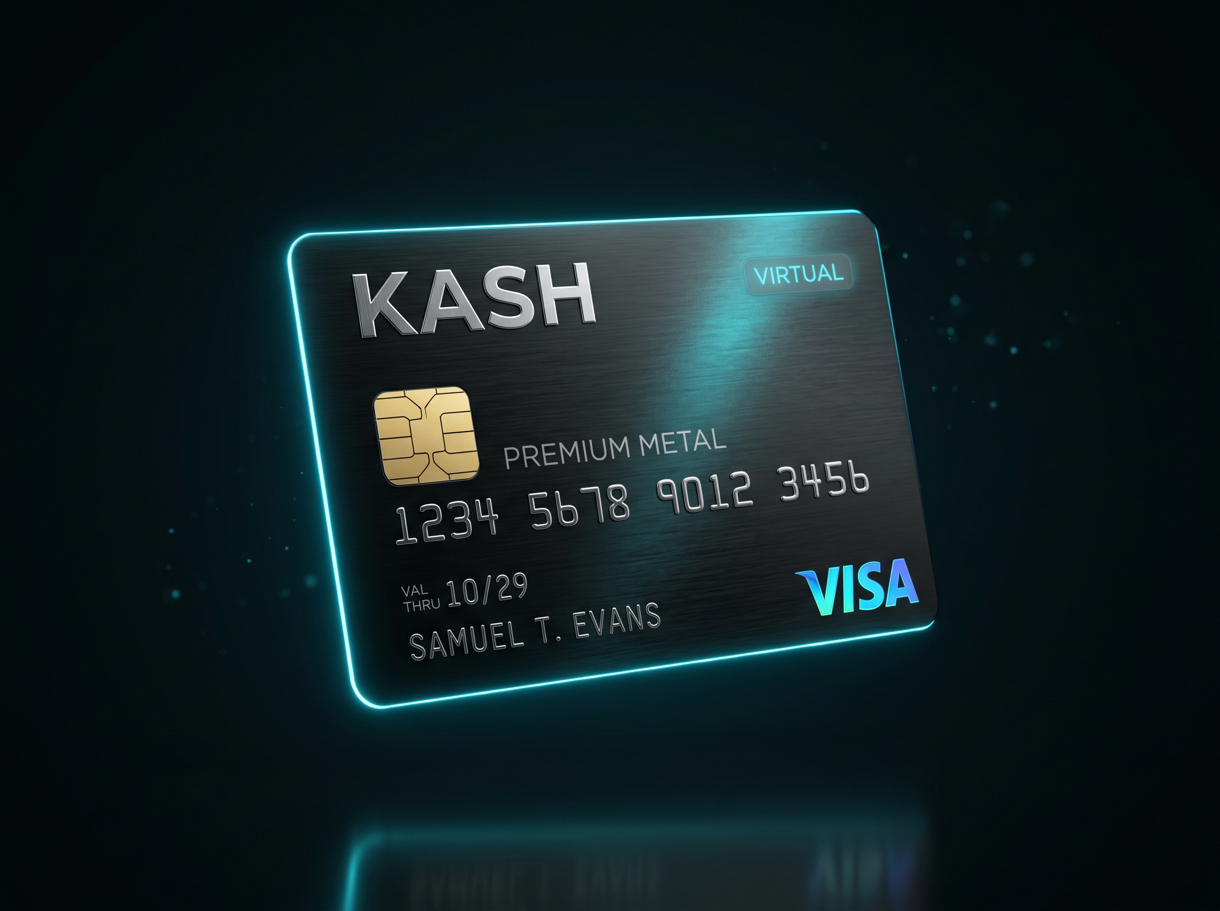 The Kash virtual card, a glossy black metallic card with a cyan edge glow
